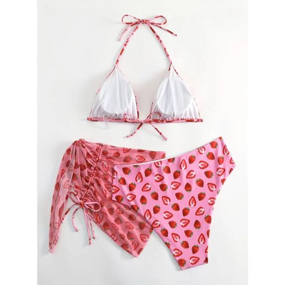 NEW Strawberry Print High Waist Triangle Top Bikini with Sarong Size 2XL C-G Cup - Picture 5 of 8
